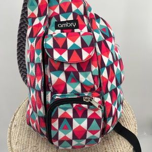 Ambry sling bag crossbody, shoulder hiking Back pack, pink white geometric.